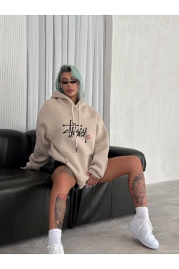 Üç İplik Kapşonlu Baskılı SweatShirt - Bej