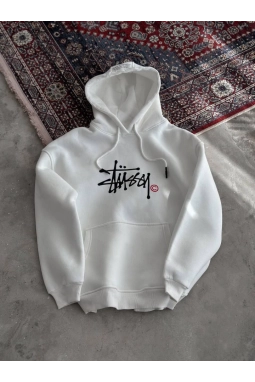 Üç İplik Kapşonlu Baskılı SweatShirt - Beyaz