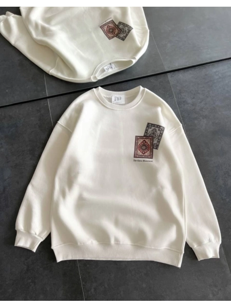 Bisiklet Yaka Baskılı SweatShirt - Beyaz