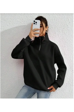 Unisex Uzun Kol Yarım Farmuarlı Yakalı Basic SweatShirt - Siyah