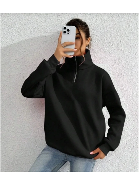 Unisex Uzun Kol Yarım Farmuarlı Yakalı Basic SweatShirt - Siyah