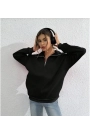 Unisex Uzun Kol Yarım Farmuarlı Yakalı Basic SweatShirt - Siyah