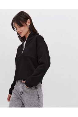 Oversize Yarım Farmuarlı Yakalı Basic SweatShirt - Siyah