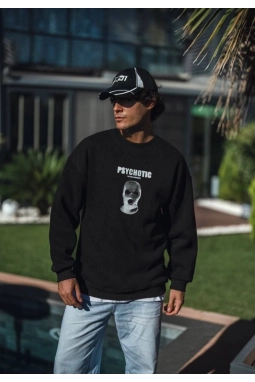 Kışlık Bisiklet Yaka Baskılı SweatShirt - Siyah