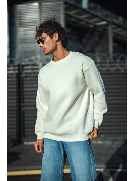 Kışlık Bisiklet Yaka Üç İplik Basic SweatShirt - Beyaz