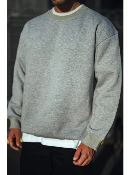 Kışlık Bisiklet Yaka Üç İplik Basic SweatShirt - Gri