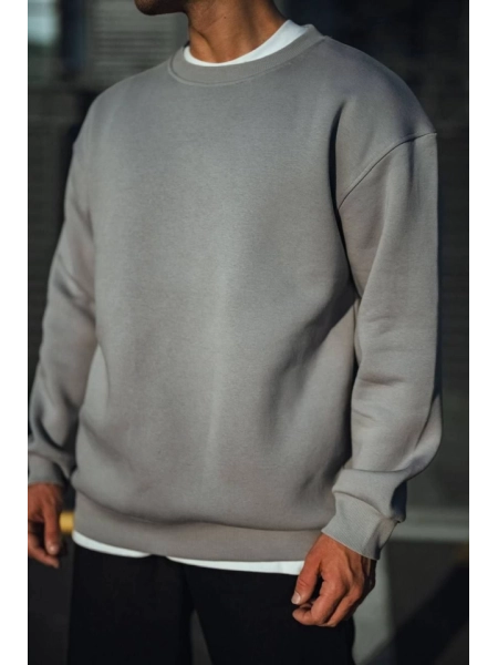 Kışlık Bisiklet Yaka Üç İplik Basic SweatShirt - Boyalı Gri