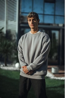 Kışlık Bisiklet Yaka Üç İplik Basic SweatShirt - Boyalı Gri
