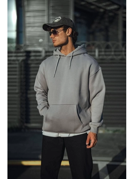 Üç İplik Penye Kapşonlu Basic SweatShirt - Boyalı Gri