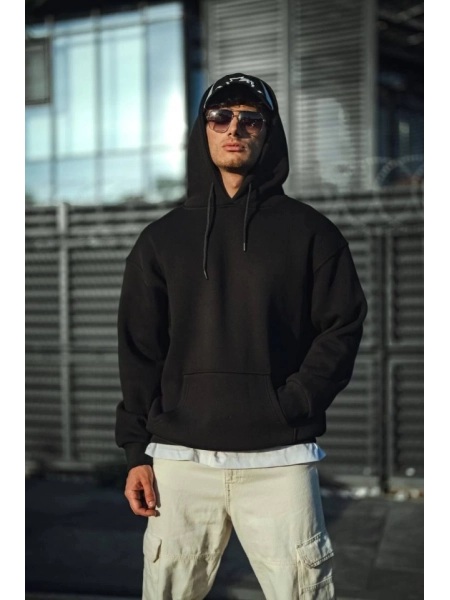Üç İplik Penye Kapşonlu Basic SweatShirt - Siyah