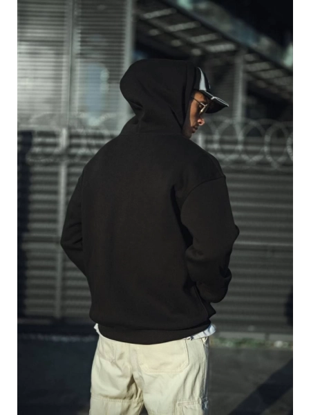Üç İplik Penye Kapşonlu Basic SweatShirt - Siyah