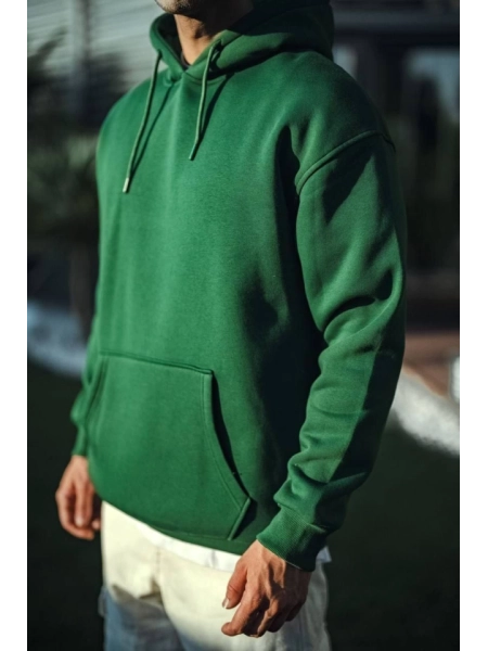Üç İplik Penye Kapşonlu Basic SweatShirt - Haki