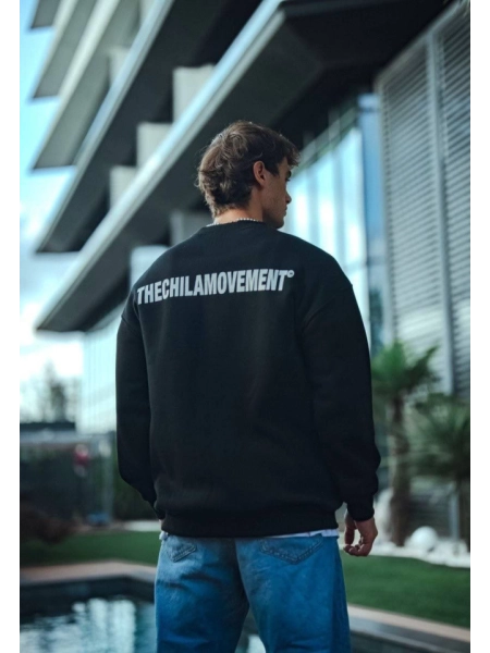 Kışlık Bisiklet Yaka Oversize Baskılı SweatShirt - Siyah