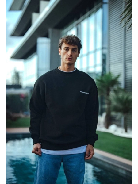 Kışlık Bisiklet Yaka Oversize Baskılı SweatShirt - Siyah
