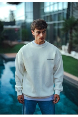 Kışlık Bisiklet Yaka Oversize Baskılı SweatShirt - Beyaz