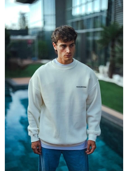 Kışlık Bisiklet Yaka Oversize Baskılı SweatShirt - Beyaz