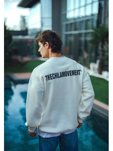 Kışlık Bisiklet Yaka Oversize Baskılı SweatShirt - Beyaz