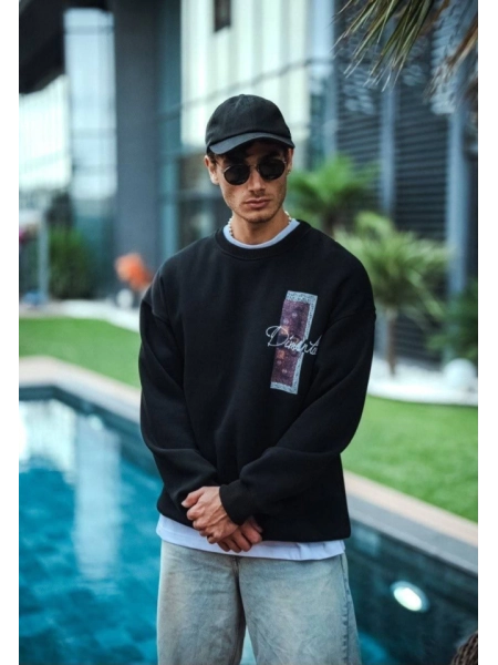 Uzun Kol Bisiklet Yaka Ön Ve Arka Baskılı SweatShirt - Siyah