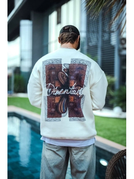 Uzun Kol Bisiklet Yaka Ön Ve Arka Baskılı SweatShirt - Beyaz