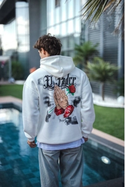 Üç İplik Penye Kapşonlu Baskılı SweatShirt - Beyaz