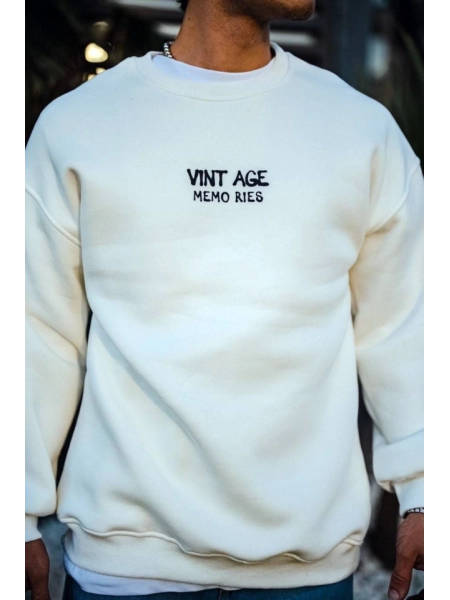 Oversize Bisiklet Yaka Üç İplik Baskılı SweatShirt - Beyaz