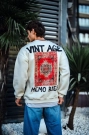 Oversize Bisiklet Yaka Üç İplik Baskılı SweatShirt - Beyaz