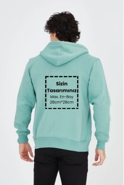 Unisex Tam Fermuarlı Kapşonlu Özel Tasarım SweatShirt - Mint Yeşili