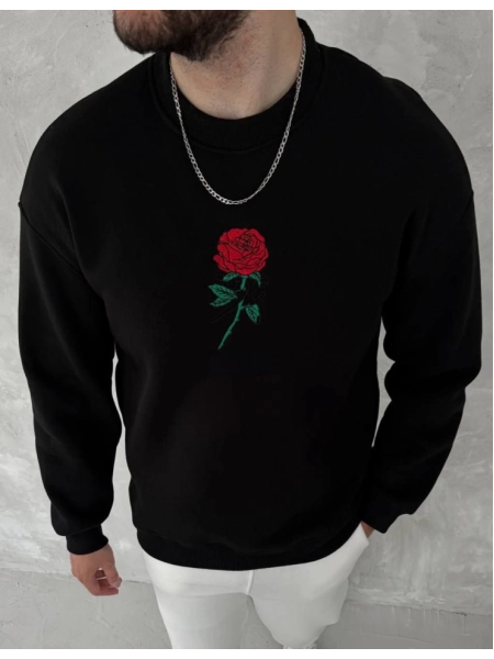 Unisex Bisiklet Yaka Ön Ve Arka Baskılı SweatShirt - Siyah
