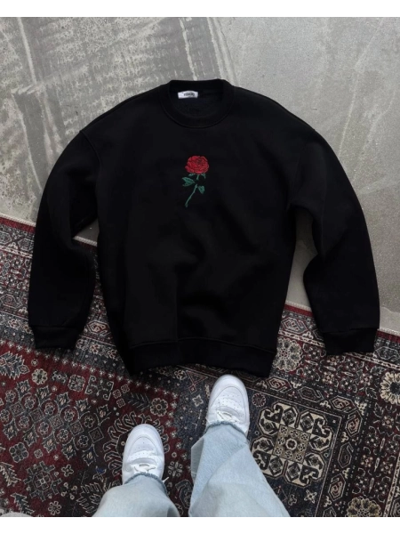 Unisex Bisiklet Yaka Ön Ve Arka Baskılı SweatShirt - Siyah