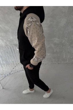 Üç İplik Penye Kapşonlu Parçalı SweatShirt - Siyah