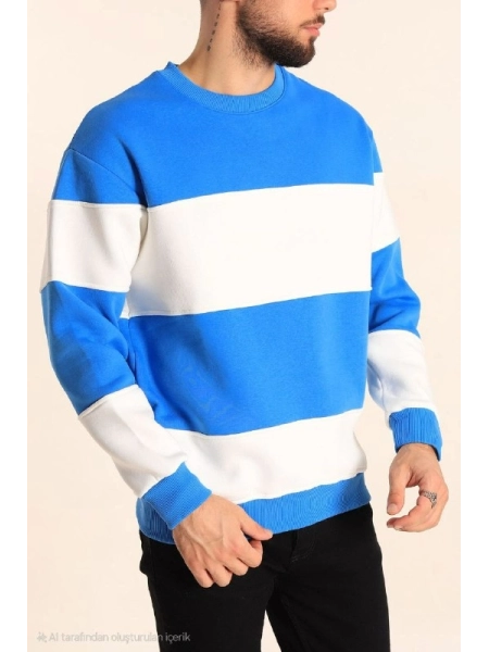 Parçalı Bisiklet Yaka Baskılı SweatShirt - Mavi