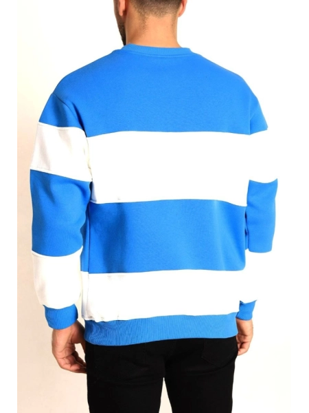 Parçalı Bisiklet Yaka Baskılı SweatShirt - Mavi