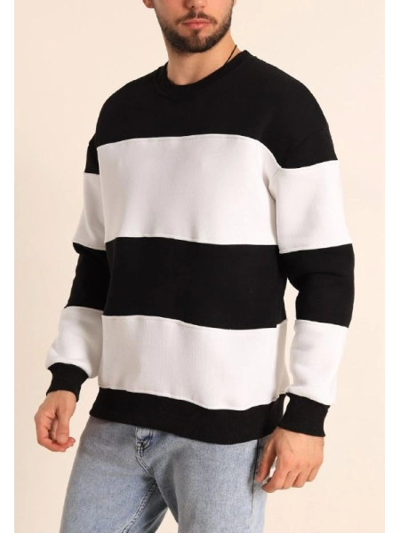 Parçalı Bisiklet Yaka Baskılı SweatShirt - Siyah