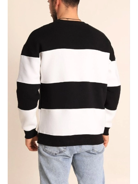Parçalı Bisiklet Yaka Baskılı SweatShirt - Siyah