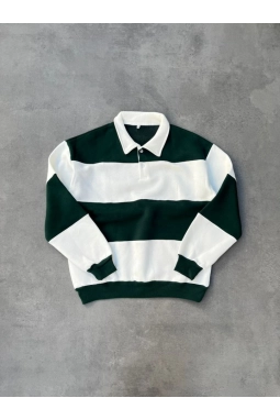 Unisex Üç İplik Parçalı Yakalı SweatShirt - Yeşil
