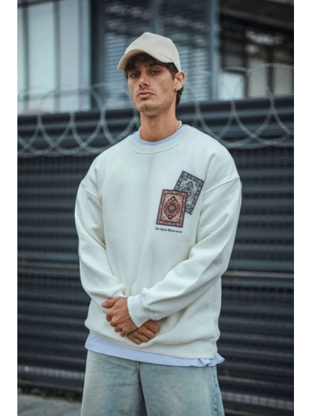 Uzun Kol Bisiklet Yaka Baskılı SweatShirt - Beyaz