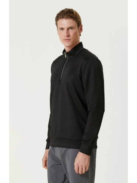 Unisex Uzun Kol Yarım Farmuarlı Yakalı Basic SweatShirt - Siyah