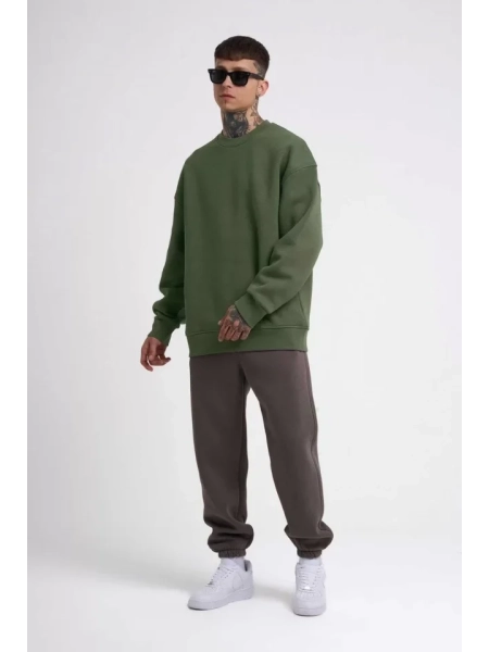 Unisex Biskilet Yaka Üç İplik SweatShirt - Haki