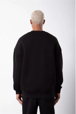 Unisex Biskilet Yaka Üç İplik SweatShirt - Siyah