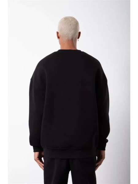 Unisex Biskilet Yaka Üç İplik SweatShirt - Siyah