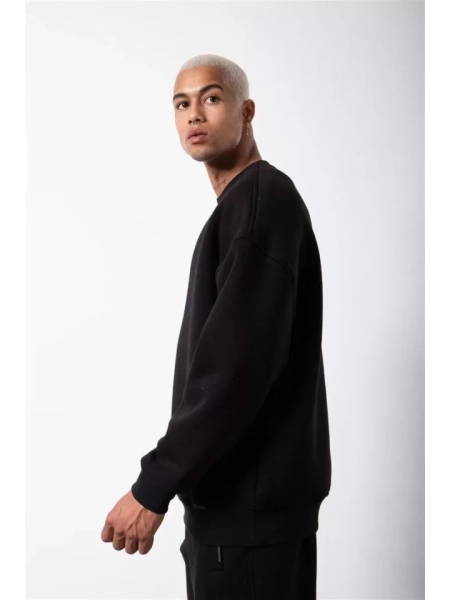 Unisex Biskilet Yaka Üç İplik SweatShirt - Siyah
