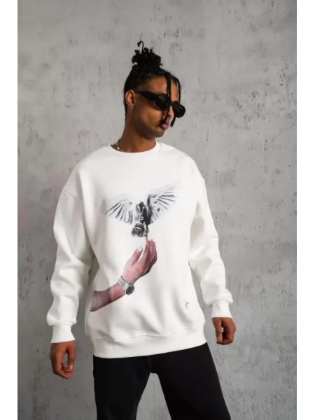 Erkek Güvercin Baskılı Sweatshirt - Beyaz