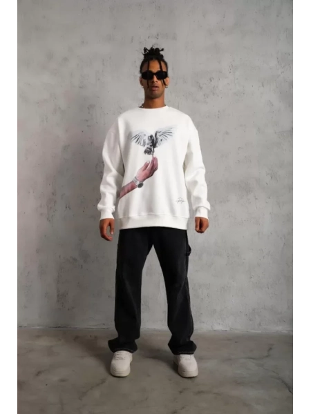 Erkek Güvercin Baskılı Sweatshirt - Beyaz