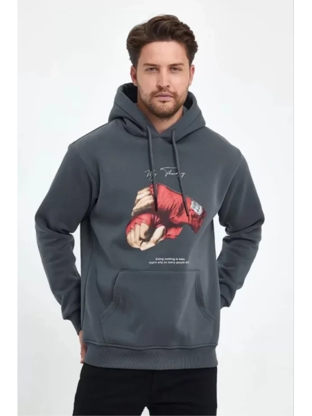 Unisex Kapüşonlu Üç İplik Oversize Baskılı Sweatshirt - Gri
