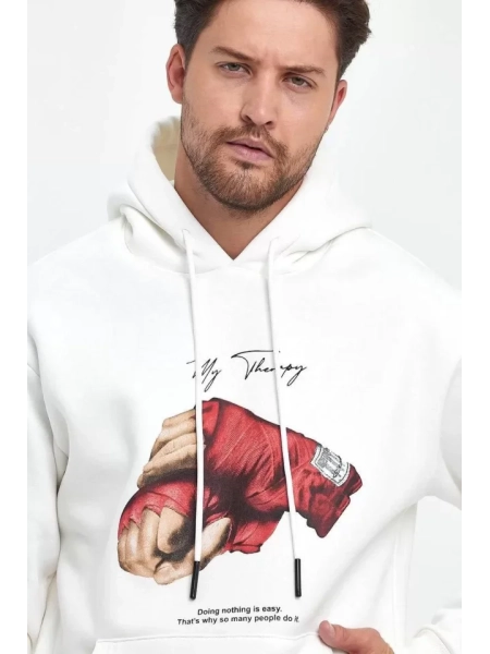Unisex Kapüşonlu Üç İplik Oversize Baskılı Sweatshirt - Beyaz