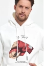 Unisex Kapüşonlu Üç İplik Oversize Baskılı Sweatshirt - Beyaz