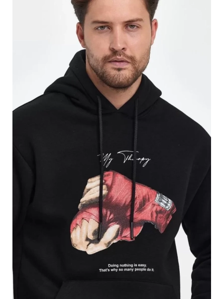 Unisex Kapüşonlu Üç İplik Oversize Baskılı Sweatshirt - Siyah