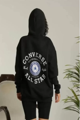 Unisex Kapüşonlu Üç İplik Oversize Baskılı Sweatshirt - Siyah