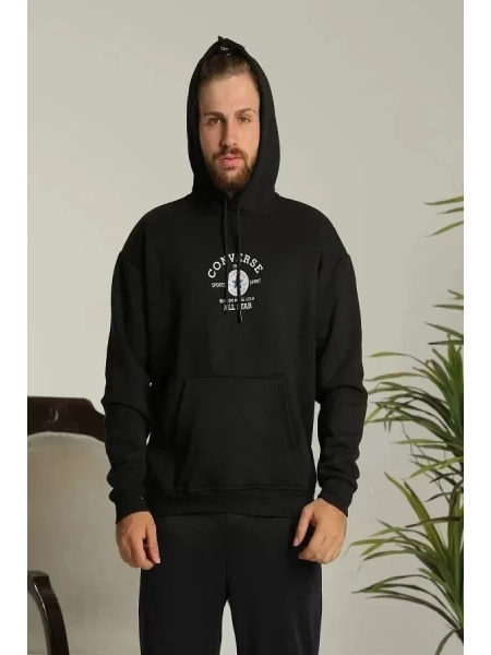 Unisex Kapüşonlu Üç İplik Oversize  Baskılı Sweatshirt - Siyah