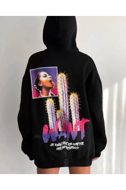 Baskılı Üç İplik Kapüşonlu Oversize Sweatshirt - Siyah